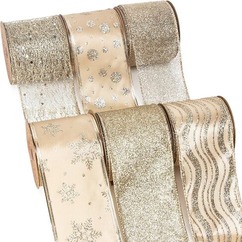 Ribbli Gold Glitter Christmas Ribbon - Wired, for Tree, Crafts, Gift Wrapping - 2.5 Inch x 6 Rolls, 36 Yards Total in Saudi Arabia