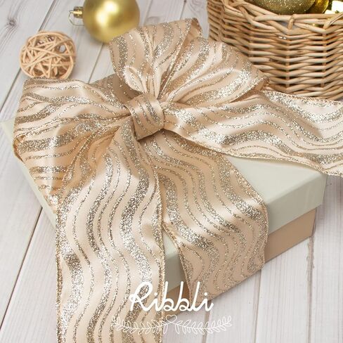 Ribbli Gold Glitter Christmas Ribbon - Wired, for Tree, Crafts, Gift Wrapping - 2.5 Inch x 6 Rolls, 36 Yards Total in Saudi Arabia