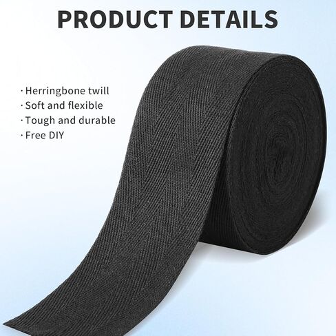 11 Yards Natural Cotton Twill Tape 2 Inch Wide, Herringbone Cotton Webbing, for DIY Crafting, Sewing, Dressmaking,Seam Binding(Black) in Kuwait