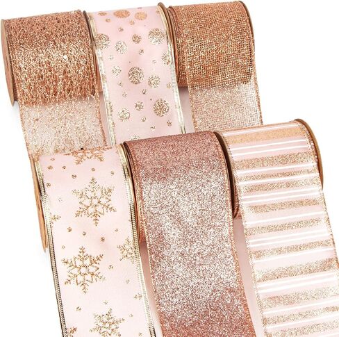 Ribbli Gold Glitter Christmas Ribbon - Wired, for Tree, Crafts, Gift Wrapping - 2.5 Inch x 6 Rolls, 36 Yards Total in Saudi Arabia
