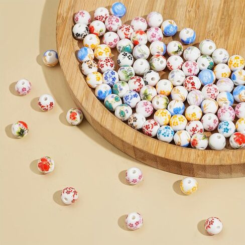 ToBeIT 100pcs Ceramic Beads Flower Decal Spacer Beads Chinese Handmade Spacer Beads for Jewelry Making（10mm） in Saudi Arabia