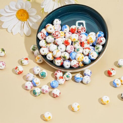 ToBeIT 100pcs Ceramic Beads Flower Decal Spacer Beads Chinese Handmade Spacer Beads for Jewelry Making（10mm） in Saudi Arabia