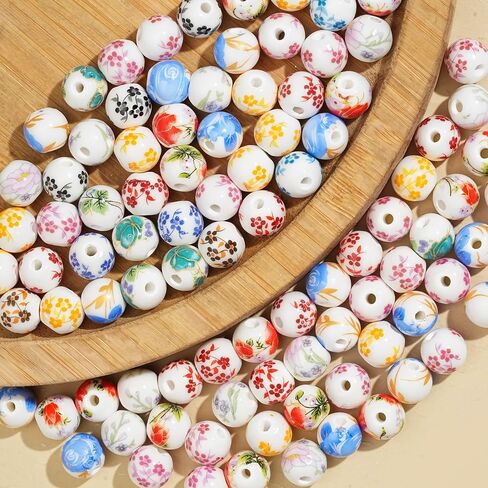 ToBeIT 100pcs Ceramic Beads Flower Decal Spacer Beads Chinese Handmade Spacer Beads for Jewelry Making（10mm） in Saudi Arabia