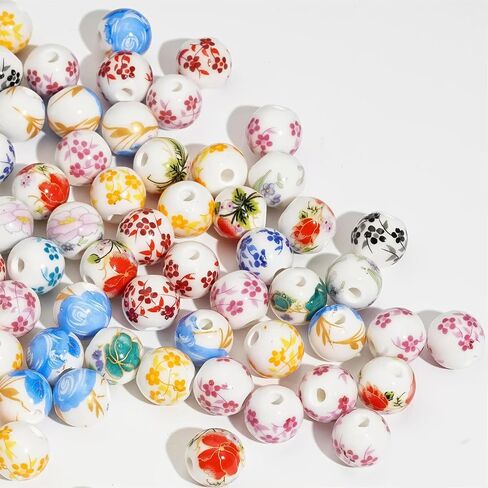 ToBeIT 100pcs Ceramic Beads Flower Decal Spacer Beads Chinese Handmade Spacer Beads for Jewelry Making（10mm） in Saudi Arabia