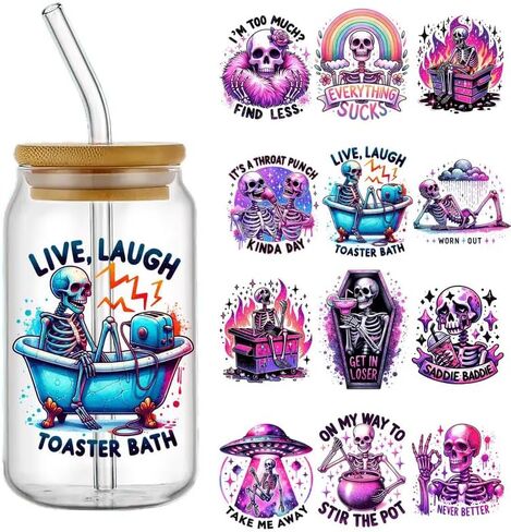 4pcs Cool Skull UV DTF Cup Wraps Winter UV DTF Transfer Waterproof Sticker for Glass Cups Furniture Craft DIY Crafts，Rub on Transfer Stickers for DIY Water Bottle Laptop Decal Wood Car in Saudi Arabia