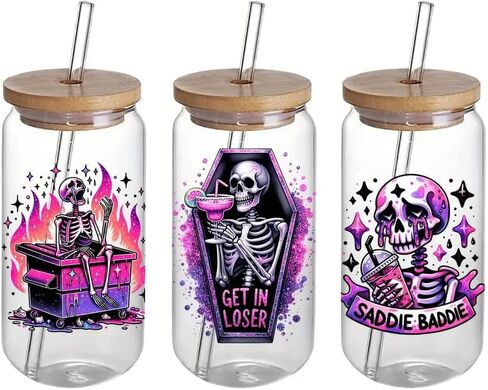 4pcs Cool Skull UV DTF Cup Wraps Winter UV DTF Transfer Waterproof Sticker for Glass Cups Furniture Craft DIY Crafts，Rub on Transfer Stickers for DIY Water Bottle Laptop Decal Wood Car in Saudi Arabia