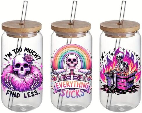 4pcs Cool Skull UV DTF Cup Wraps Winter UV DTF Transfer Waterproof Sticker for Glass Cups Furniture Craft DIY Crafts，Rub on Transfer Stickers for DIY Water Bottle Laptop Decal Wood Car in Saudi Arabia