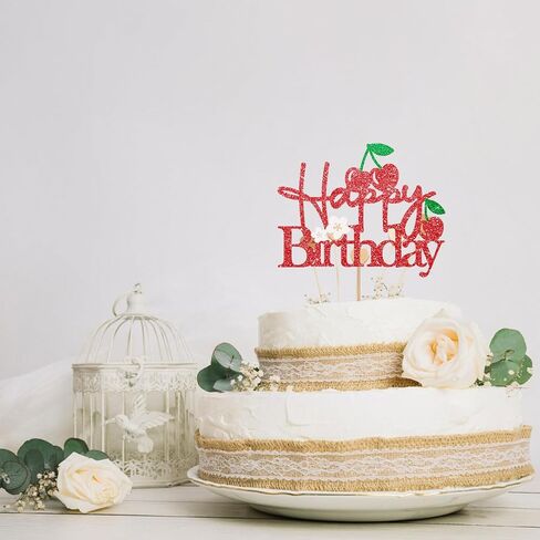 كعكة عيد ميلاد سعيد الكرز أعلى ، ديكور كعكة عيد ميلاد الكرز الحلو ، كرز بريق أحمر على أعلى كعكة استحمام الطفل ، زخرفة حفلة عيد ميلاد الفاكهة in Kuwait