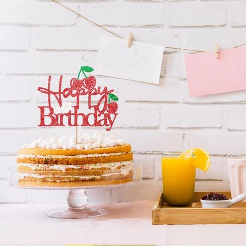 كعكة عيد ميلاد سعيد الكرز أعلى ، ديكور كعكة عيد ميلاد الكرز الحلو ، كرز بريق أحمر على أعلى كعكة استحمام الطفل ، زخرفة حفلة عيد ميلاد الفاكهة in Kuwait