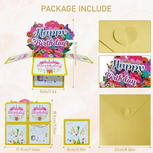 3D Happy Birthday Card, Pop-Up Birthday Gift Box with Envelope and Blank Greeting Card with Foil Stamping, Unique Handmade Foldable Celebration Card for Family&Friend(Pink) in Kuwait