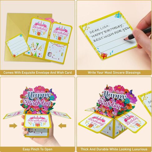 3D Happy Birthday Card, Pop-Up Birthday Gift Box with Envelope and Blank Greeting Card with Foil Stamping, Unique Handmade Foldable Celebration Card for Family&Friend(Pink) in Kuwait