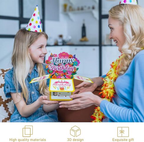 3D Happy Birthday Card, Pop-Up Birthday Gift Box with Envelope and Blank Greeting Card with Foil Stamping, Unique Handmade Foldable Celebration Card for Family&Friend(Pink) in Kuwait