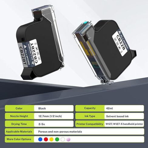 CB22BT Fast Dry Ink Cartridge W127 W127-S Handheld Printers for Crisp Printing on Glass Cardboard Aluminum Plastic and More (Black-Quick Drying Affordable Choice) in Kuwait