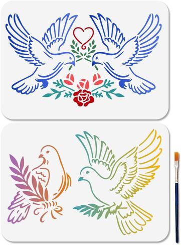 Mayjoydiy 2 PCS Dove of Peace Stencil Love Love Pigeons Stencils للطلاء 11.7 × 8.3 بوصة قابلة لإعادة الاستخدام قابلة لإعادة الاستنسل من طوالب الطلاء مع فرشاة الطلاء لدوائر DIY على الحائط الخشبي المنزل in Kuwait