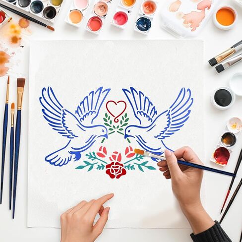 Mayjoydiy 2 PCS Dove of Peace Stencil Love Love Pigeons Stencils للطلاء 11.7 × 8.3 بوصة قابلة لإعادة الاستخدام قابلة لإعادة الاستنسل من طوالب الطلاء مع فرشاة الطلاء لدوائر DIY على الحائط الخشبي المنزل in Kuwait