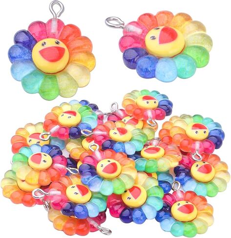 Aylifu 20pcs Smiley Sunflower Charms سحر المعلقات راتنج قوس قزح زهرة السحر المجوهرات صنع الملحقات لأقراط DIY أسود مفاتيح القلادة. in Saudi Arabia