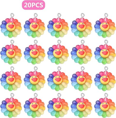 Aylifu 20pcs Smiley Sunflower Charms سحر المعلقات راتنج قوس قزح زهرة السحر المجوهرات صنع الملحقات لأقراط DIY أسود مفاتيح القلادة. in Saudi Arabia