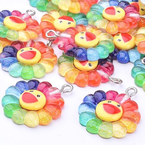 Aylifu 20pcs Smiley Sunflower Charms سحر المعلقات راتنج قوس قزح زهرة السحر المجوهرات صنع الملحقات لأقراط DIY أسود مفاتيح القلادة. in Saudi Arabia