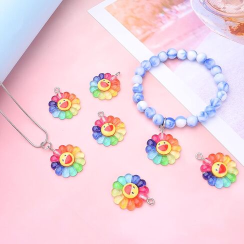 Aylifu 20pcs Smiley Sunflower Charms سحر المعلقات راتنج قوس قزح زهرة السحر المجوهرات صنع الملحقات لأقراط DIY أسود مفاتيح القلادة. in Saudi Arabia