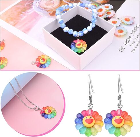 Aylifu 20pcs Smiley Sunflower Charms سحر المعلقات راتنج قوس قزح زهرة السحر المجوهرات صنع الملحقات لأقراط DIY أسود مفاتيح القلادة. in Saudi Arabia
