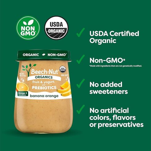 Beech-Nut Organic Fruit & Yogurt Baby Food Jars with Prebiotics, Organic Banana Berry & Yogurt Puree, Stage 2 Baby Food for Babies 6 Months and Up, Non-GMO, 4oz Glass Jars, 10ct in Kuwait