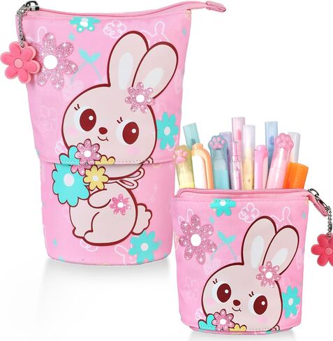 Standing Pencil Case for Kids - Back to School Stuff, Unicorn Telescopic Zipper Pencil Case Aesthetic, Large Capacity Stand up Pen Bag, Portable Pen Holder, Study Supplies for Students in Kuwait