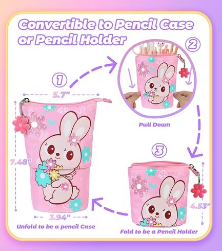Standing Pencil Case for Kids - Back to School Stuff, Unicorn Telescopic Zipper Pencil Case Aesthetic, Large Capacity Stand up Pen Bag, Portable Pen Holder, Study Supplies for Students in Kuwait
