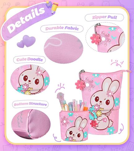 Standing Pencil Case for Kids - Back to School Stuff, Unicorn Telescopic Zipper Pencil Case Aesthetic, Large Capacity Stand up Pen Bag, Portable Pen Holder, Study Supplies for Students in Kuwait