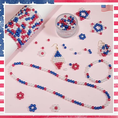 1500pcs حبات بيضاء وزرقاء حمراء ، حبات لؤلؤة يوم استقلالها 6 مم لصنع مجوهرات قلادة DIY ، 4 يوليو الفنون الحرف الديكور ، الديكور الشعر (محاصر) in Saudi Arabia