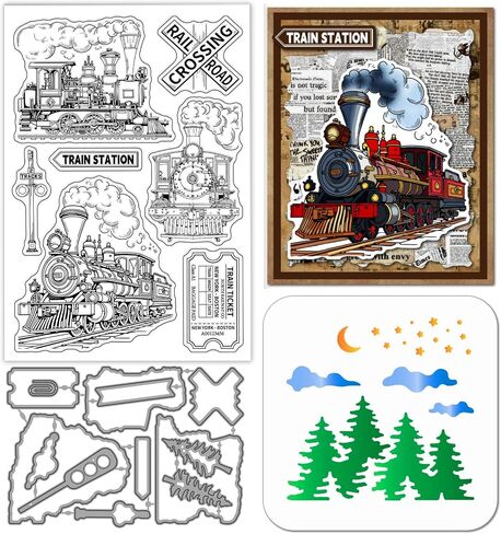 Globleland Train Retro Tartro Clear Clear Cutting Diays Pet Lainting Stencils for Card Making Railway Tree Silicone Symone Metal Scenery Die Cuts Pet Stencils for DIY Scrapbooking in Saudi Arabia
