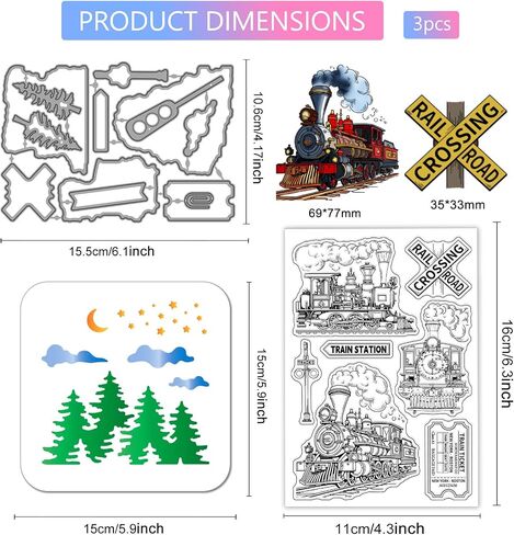 Globleland Train Retro Tartro Clear Clear Cutting Diays Pet Lainting Stencils for Card Making Railway Tree Silicone Symone Metal Scenery Die Cuts Pet Stencils for DIY Scrapbooking in Saudi Arabia