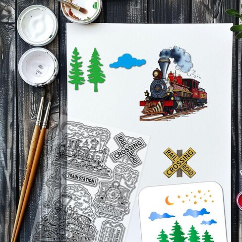 Globleland Train Retro Tartro Clear Clear Cutting Diays Pet Lainting Stencils for Card Making Railway Tree Silicone Symone Metal Scenery Die Cuts Pet Stencils for DIY Scrapbooking in Saudi Arabia