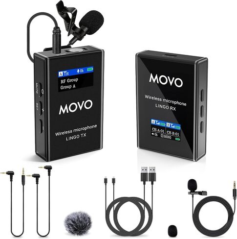 نظام ميكروفون Movo Lingo-Duo 48 قناة UHF لاسلكي Lavalier للكاميرا - ميكروفون Lav متوافق مع كاميرات Canon EOS وNikon وSony DSLR - لصناعة الأفلام ومدونات الفيديو والمقابلات وإنشاء المحتوى in Saudi Arabia