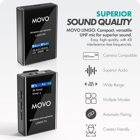 نظام ميكروفون Movo Lingo-Duo 48 قناة UHF لاسلكي Lavalier للكاميرا - ميكروفون Lav متوافق مع كاميرات Canon EOS وNikon وSony DSLR - لصناعة الأفلام ومدونات الفيديو والمقابلات وإنشاء المحتوى in Saudi Arabia