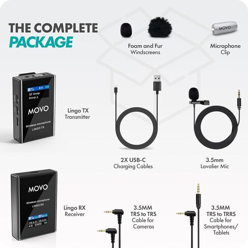 نظام ميكروفون Movo Lingo-Duo 48 قناة UHF لاسلكي Lavalier للكاميرا - ميكروفون Lav متوافق مع كاميرات Canon EOS وNikon وSony DSLR - لصناعة الأفلام ومدونات الفيديو والمقابلات وإنشاء المحتوى in Saudi Arabia