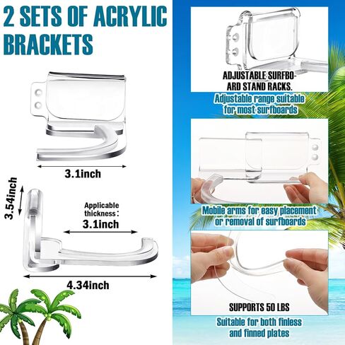 Yousoontic 2 Sets Surfboard Wall Mount Rack Clear Acrylic Surf Board Wall Display Vertical Surfboard Wall Rack Wall Storage Holder Hanger for Surfboards Short Boards snowboard Holds 50 Lbs in Saudi Arabia