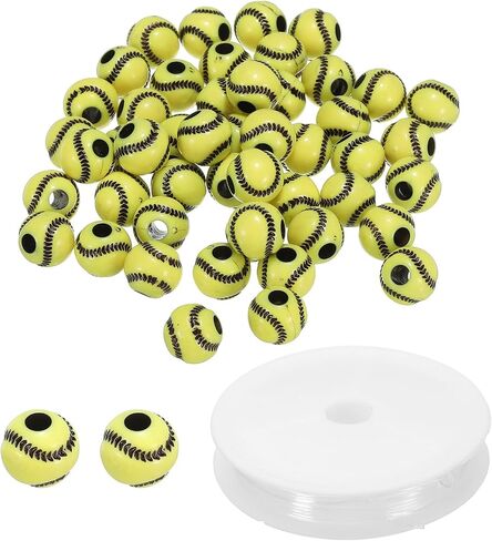 PATIKIL 12mm Acrylic Softball Beads Bulk, 50 Pack Sports Ball Beads Bulk Round Sports Spacer Beads with 4.4 Yard Elastic Rope for DIY Crafts Bracelet Necklace Making, Yellow Red in Saudi Arabia