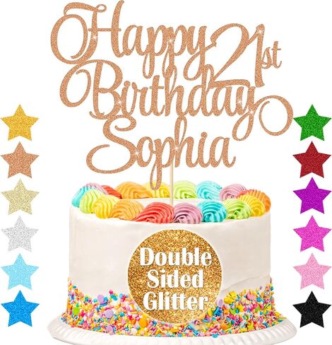 EDSG Happy Birthday Cake Topper Personalized Cake Topper Dritary مع أي عصر واسم 11 ألوانًا من الوجهين على الوجهين ، هدايا الكعكة ذات الوجهين في المرتبة الثالثة عشرة الثامن عشر من القرن الثامن عشر الثلاثين في الـ 30th (الذهب) (الذهب) in Kuwait
