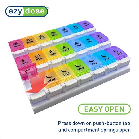 EZY DOSE Weekly (7-Day) Pill Case, Medicine Planner, Vitamin Organizer Box, Daily Planner, Push Button Compartments, Convenient and Easy to Use, 3 Times a Day, Rainbow Lids, BPA Free in Kuwait