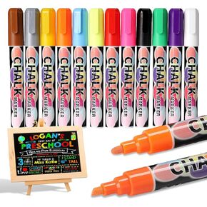 12 Colors Chalkboard Marker Pens,Liquid Chalk Markers,6mm Reversible Tip Neon Chalk Markers for Chalkboard, Signs, Car Windows, Blackboard, Glass, Mirrors