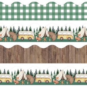 Whaline 70 Ft Camping Bulletin Board Borders Woodland Animal Hiking Self-Adhesive Border Trim Watercolor Scalloped Border Sticker Decals for Home Classroom Party Wall Decor, 60 Pcs