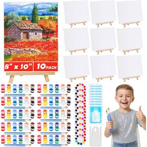 10Pack 8x10 Inch Canvas and Easel Set, Art Canvas Boards Bulk with Easel Stand, Mini Acrylic Paint & Brushes Set, Paint Trays, Sip and Paint Kit for Adults Kids Couples Day Night Paint Party