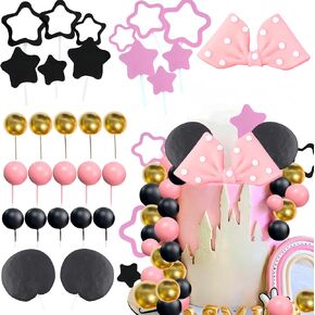38 PCS Cartoon Birthday Cake Toppers Ball Cake Toppers Cartoon Cupcake Toppers Bow Cupcake Toppers Mouse cake Toppers （pink）