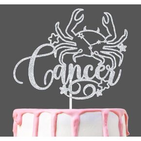 Cancer Cake Topper, Happy Birthday Cancer in June/July, Cancer Season, 12 Zodiac Constellation Theme Birthday Party Decoration Supplies, Silver Glitter