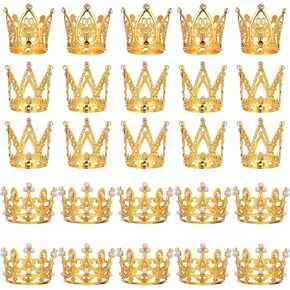 30 Pcs Mini Crown for Flower Bouquets Birthday Crystal Pearl Tiara Gold Crown Cake Topper Accessories for Wedding Birthday Baby Shower Party Cake Decor, 3 Styles