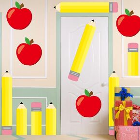 9 Pcs Pencil Apple Door Window Bulletin Board Decoration Back to School Classroom Decoration Red Apple Pencil Paper Cutouts Window Decals for First Day of School Party Chalkboard Door Glass Wall Decor