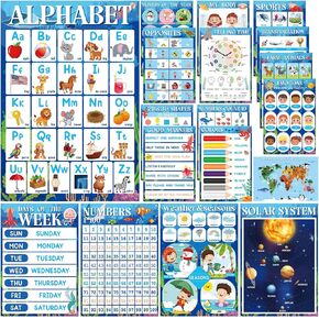 Funrous 18 Pcs Ocean Educational Posters for Classroom Preschool Kindergarten Elementary Toddlers Laminated Prek Learning Chart Materials Us World Map, ABC Alphabet, Shapes, Numbers, Days of the Week