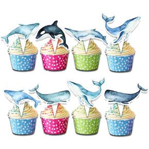 24 Pcs Blue Whale Cupcake Toppers - Ocean Animals Party Decorations for Kids Birthday, Baby Shower, or Underwater Theme Party Supplies