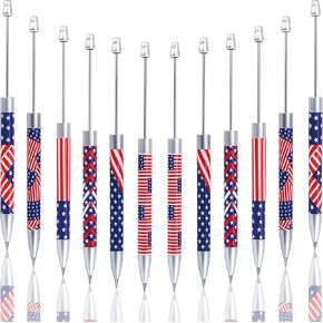 12 Pcs Beadable Pens, Bulk American Flag Plastic Bead Pens Cute Cool Diy Beadable Pens fit Office Home