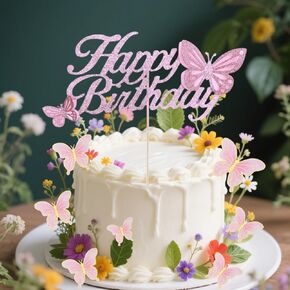 ALISSAR Pink Happy Birthday Cake Topper Set for Girls & Women - 16PCS Butterfly Cupcake Toppers -Butterfly Cake Decoration, Ideal Party Favors